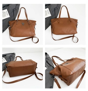Multi-angle view of a large caramel brown tote bag with cross metal hardware and adjustable straps
