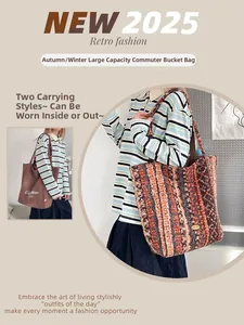 Detail of a large reversible bucket bag with striped knit texture and branding