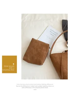 Close-up of a brown matte faux leather inner organizer bag with vintage zipper detail