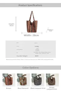 Detailed size chart and specifications for large canvas tote bag in four color patterns