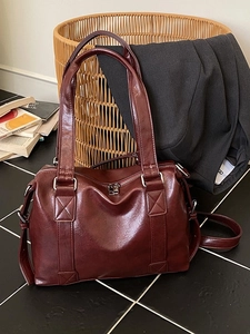 Retro burgundy large capacity tote bag with top handles and adjustable shoulder strap