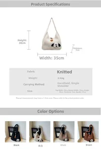 Detailed size chart and multi-color knitted tote bags with cute cartoon patch design