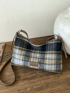 Sac bandoulière rétro à carreaux jaunes en laine avec bandoulière en cuir marron chic