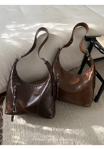 Minimalist retro hobo shoulder bags in dark coffee and caramel brown glossy leather