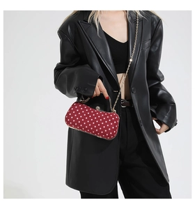 Close-up of red velvet polka dot box bag featuring gold metal handle and chain strap