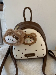 Women Mini Backpack Japanese Sweet Style Polka Dot PU Leather Patchwork Small Rucksack With Plush Bear Pendant For Girls Casual Use