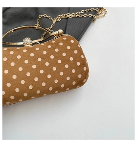 Detailed macro view of retro brown polka dot box bag with rhinestone gold clasp