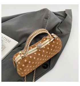 Close-up of suede polka dot box bag with rhinestone handle and gold chain detail