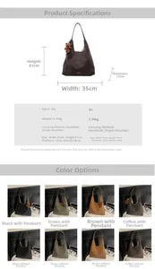 Detailed size specifications and color options for this large capacity PU tote shoulder bag