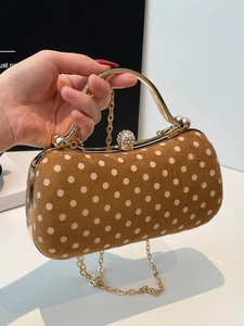 Women Vintage Polka Dot Evening Bag Elegant Suede Clutch With Rhinestone Ball Clasp Metal Handle Chain Strap Party Handbag