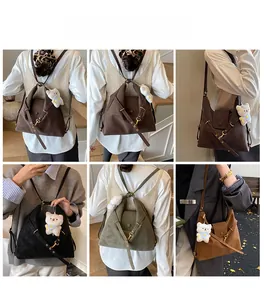 Detail showing the brown suede tote bag in various carrying styles and trendy colors