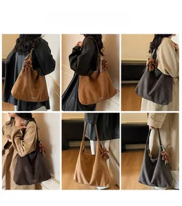 Multiple views of large suede tote bag with bear charm on model in neutral settings