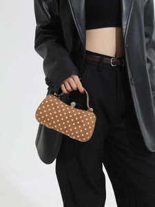 Brown polka dot box clutch bag with metal handle and rhinestone clasp for women