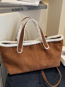 Sac Fourre-tout Femme en PU Daim avec Bordure en Laine d'Agneau Grande Capacité Sac à Bandoulière Peluche Automne Hiver