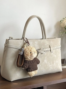Women Korean Fashion Large Tote Bag PU Leather Handbag With Teddy Bear Pendant Minimalist Crossbody Shoulder Bag For Daily Use