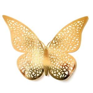 Detail of laser-cut gold 3D butterfly wall sticker with intricate hollow patterns