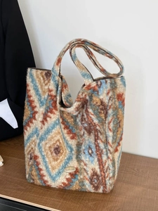 Bohemian geometric pattern tote bag in plush fabric with handmade metal label