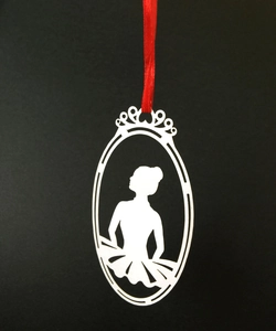 Elegant laser-cut ballet girl metal ornament with red ribbon and silver finish