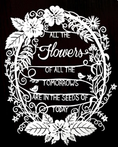 Laser cut floral wall art with birds and motivational quote on black background