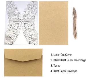 Laser-cut leaf invitation set with kraft paper card, lace cover, and natural hemp rope