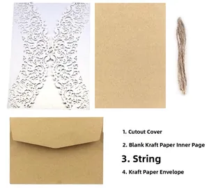 Detail view of lace laser cut invitation set with kraft paper card, twine, and envelope
