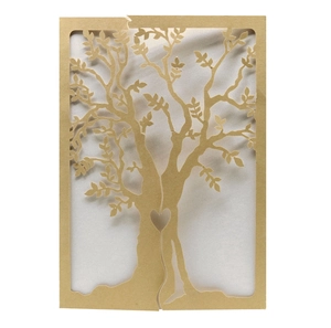 Intricate laser-cut gold greeting card featuring a tree of life and heart-shaped couple design