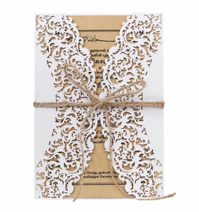 Laser Cut Hollow Invitation Cards Artificial Pearl Paper Lace Shell Kraft Inner Pages Envelopes Hemp Rope For Wedding Party