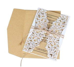 European laser-cut hollow butterfly wedding invitation set with kraft paper and jute twine