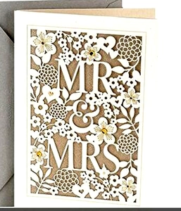 Laser cut floral wedding card with MR & MRS lettering and matching grey envelope