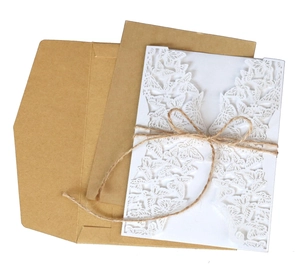 Laser cut butterfly wedding invitation set with white card, kraft envelope and twine cord