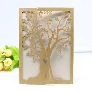Detailed laser-cut champagne gold tree of life greeting card with heart-shaped hollow design