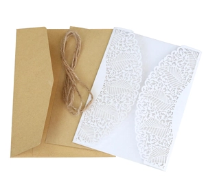 Laser cut leaf pattern invitation set with kraft envelope and natural jute twine