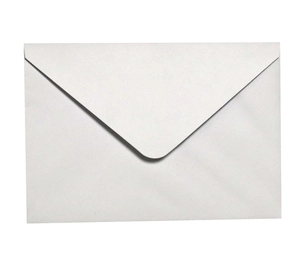 Detailed view of a white paper envelope featuring a classic V-flap closure design