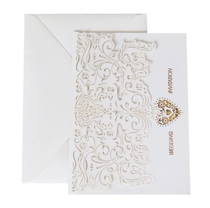Elegant laser cut wedding invitation with heart pattern, gold lettering and white envelope