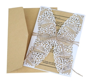 Laser cut lace wedding invitation set with kraft paper card, white cover and hemp rope