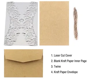 Set d'invitations en papier kraft avec couverture découpée au laser, ficelle et enveloppe