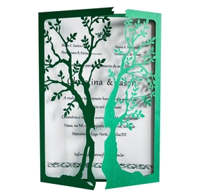 Laser-cut deep green tree invitation card with heart-shaped hollow design and white insert