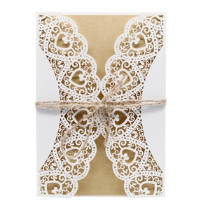 European Laser Cut Wedding Invitations White Heart Hollow Invitation Card With Kraft Paper Inner Sheet And Hemp Rope