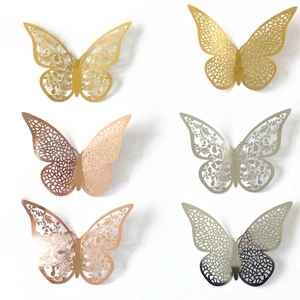 Set of 3D metallic hollow butterfly wall stickers in gold, silver, and rose gold finishes