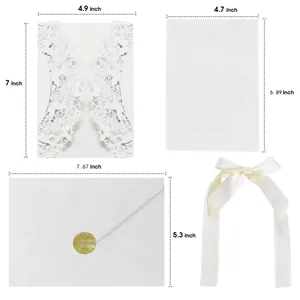 Detailed size specifications for laser cut wedding invitations with envelopes and ribbons