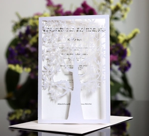 Elegant laser cut tree design wedding invitation card with matching white envelope set