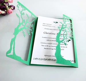Detail of laser-cut tree of life pattern on mint green wedding invitation card