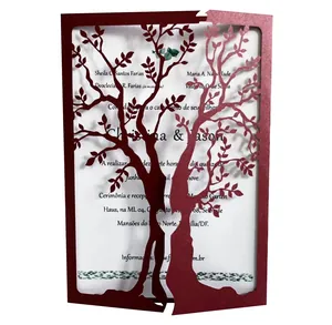 Laser-cut dark red hollow tree heart wedding invitation card with intricate details