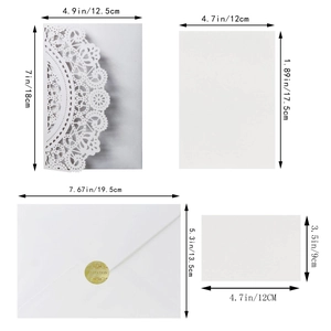 Laser cut wedding invitation set with dimensions for cover, insert, envelope, and card