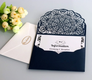 Detailed close-up of navy laser-cut lace wedding invitation with floral patterns