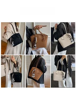 Three leather bucket tote bags in black, brown and white with dog charms on models