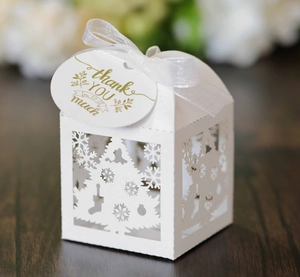 Close-up of white laser-cut Christmas gift box with snowflake patterns and gold tag