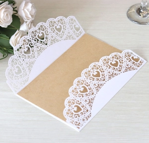 Laser cut lace wedding invitation with heart pattern and rustic kraft paper insert card