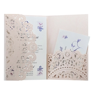 Laser cut pearl pink wedding invitation with floral lace hollow design and white insert
