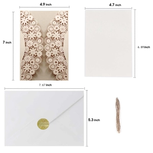 Detailed dimensions of laser cut hollow invitation set with card, envelope and twine